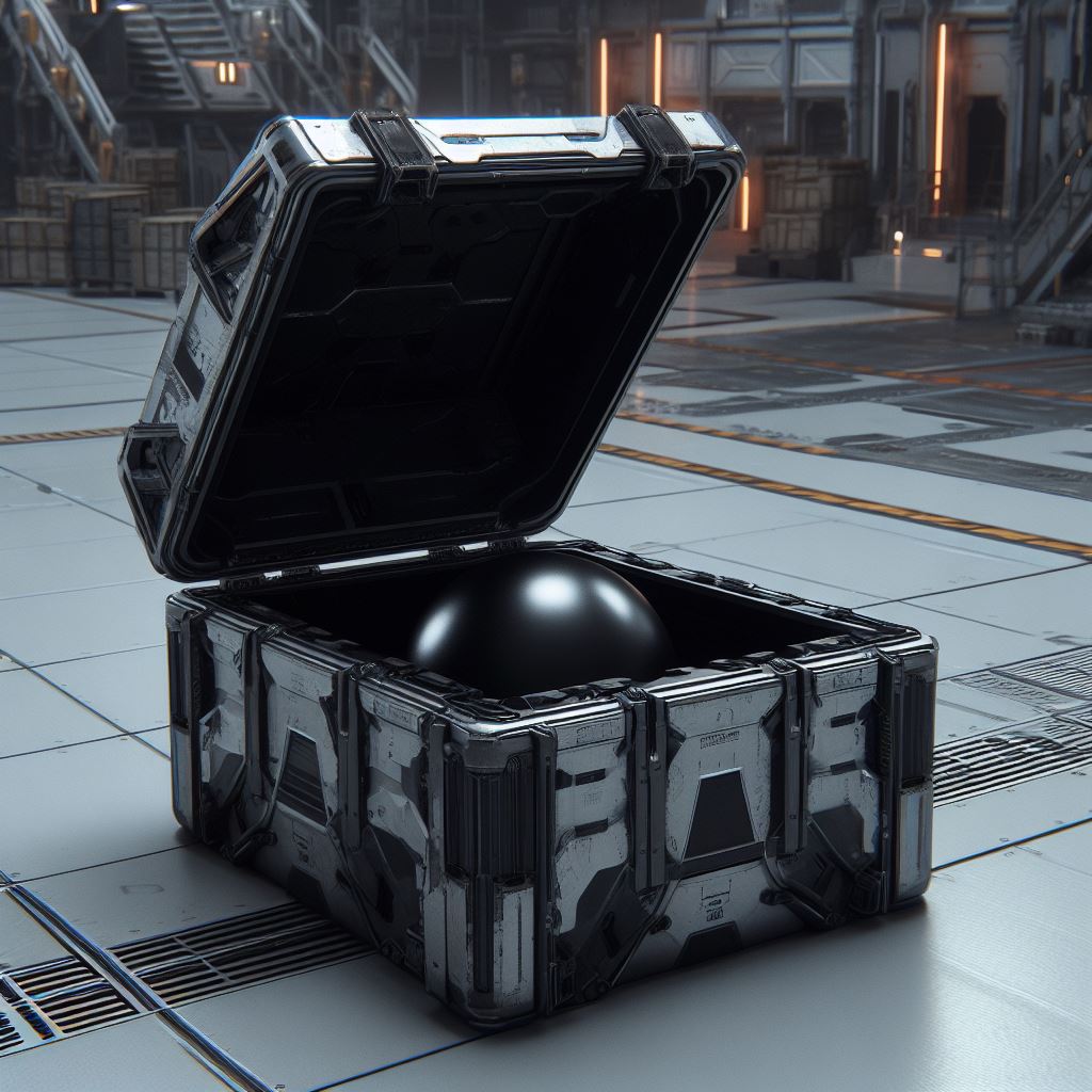 Metallkasten mit schwarzem Sphäroid